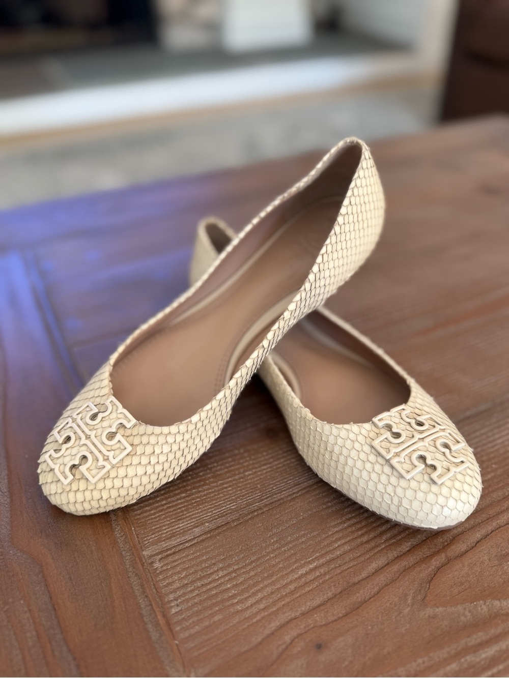 Tory Burch Cream Textured Logo Ballet Flats
